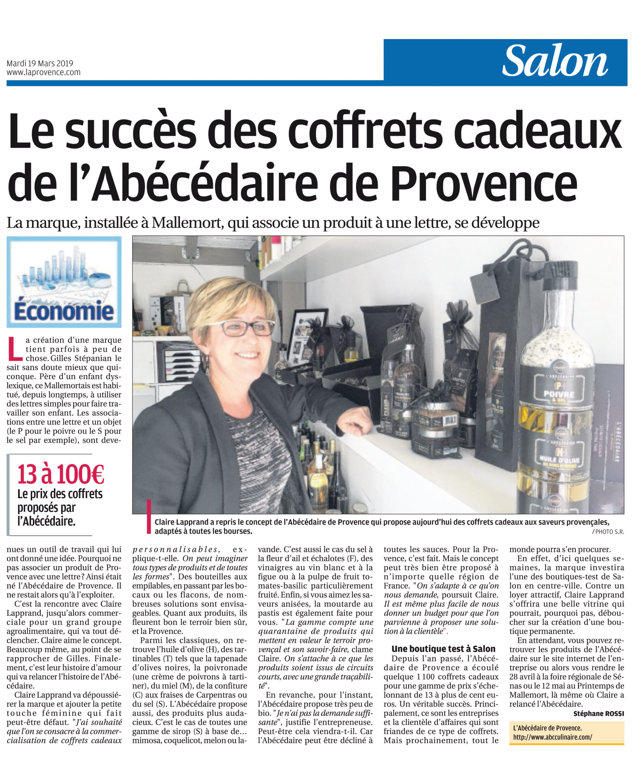 Article de Presse la Provence le succès es coffrets cadeaux de l'abécédaire de Provence